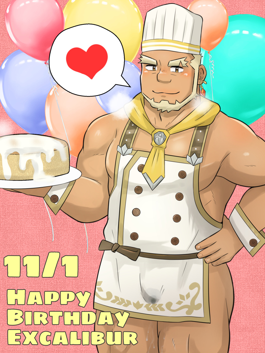 absurdres apron ascot balloon bara beard blonde_hair blush cake chef_hat closed_mouth crave_saga dark-skinned_male dark_skin dated earrings excalibur_(crave_saga) eyebrow_cut facial_hair food forked_eyebrows hand_on_own_hip happy_birthday hat heart highres hiroki_(hirokiin2jigen) holding holding_plate jewelry large_pectorals looking_at_viewer male_focus mature_male muscular muscular_male naked_apron official_alternate_costume pectorals pink_background plate short_hair sidepec smile spoken_heart steaming_body thick_eyebrows white_apron wrist_cuffs yellow_ascot