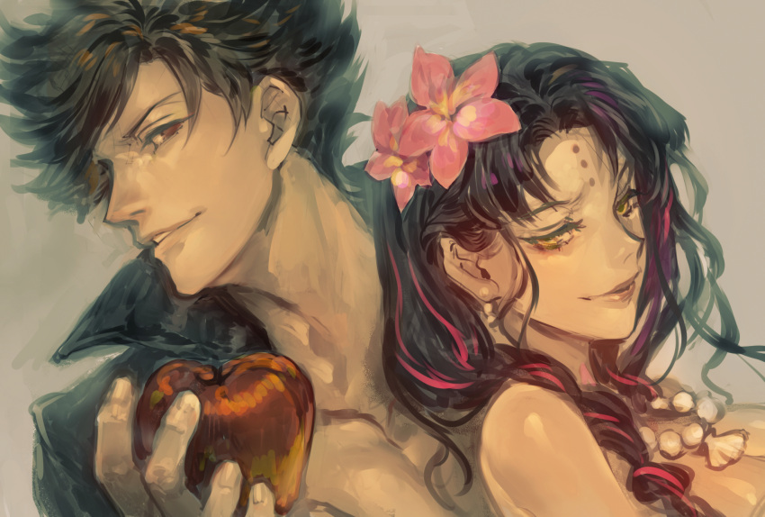 1boy 1girl apple belial_(granblue_fantasy) black_hair black_jacket braid brown_eyes closed_mouth earrings fate/grand_order fate_(series) flower food forehead_tattoo fruit granblue_fantasy grey_background grin hair_flower hair_ornament half-closed_eyes hand_up highres holding holding_food holding_fruit jacket jewelry kin_mokusei lips long_hair looking_at_viewer multicolored_hair necklace open_clothes open_jacket parted_bangs parted_lips pearl_earrings pearl_necklace pink_flower pink_hair portrait profile sessyoin_kiara sessyoin_kiara_(swimsuit_mooncancer) sessyoin_kiara_(swimsuit_mooncancer)_(first_ascension) shell shell_necklace short_hair smile streaked_hair yellow_eyes