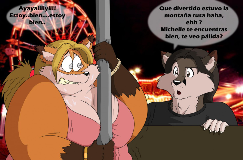2015 amusement_park amusement_ride anthro big_breasts blonde_hair bodily_fluids breasts brown_hair canid canine canis clothed clothing digital_media_(artwork) dress duo female ferris_wheel fox hair male mammal michelle_(xxsparcoxx) obese obese_anthro obese_female open_mouth overweight overweight_anthro overweight_female shirt spanish_text sweat text topwear translation_request wildert_(xxsparcoxx) wolf xxsparcoxx