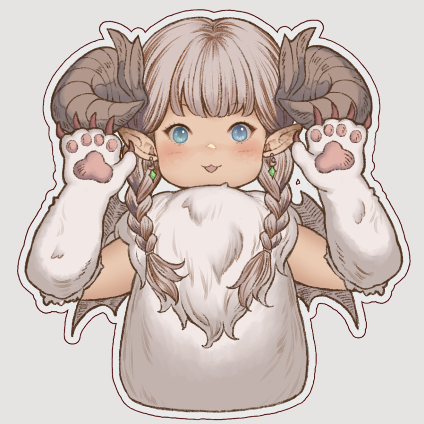 1girl :3 animal_costume bat_wings blue_eyes blush braid brown_hair cropped_torso earrings elbow_gloves fake_claws final_fantasy final_fantasy_xiv flat_chest gloves grey_background highres horns jewelry lalafell long_hair looking_at_viewer mane pointy_ears sheep_horns simple_background solo twin_braids udongo99 warrior_of_light_(ff14) wings wolf_costume wolf_paws