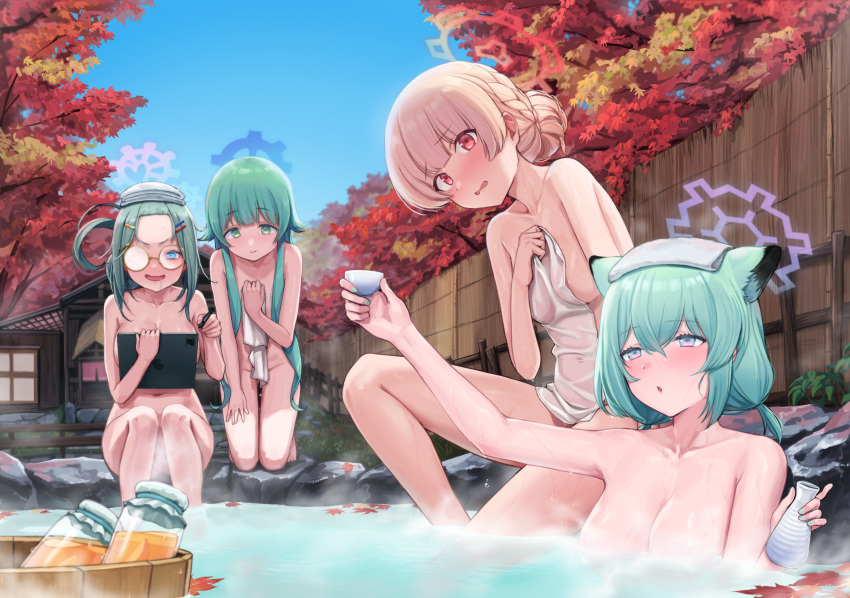 4girls alcohol animal_ears blonde_hair blue_archive blush breasts bucket commentary cup day drunk glasses green_eyes green_hair hair_between_eyes hair_bun hair_ornament hairclip halo highres holding holding_cup kuro_(zhurunbo1997) large_breasts leaf long_hair medium_breasts meru_(blue_archive) momiji_(blue_archive) multiple_girls naked_towel nodoka_(blue_archive) nodoka_(hot_spring)_(blue_archive) nude onsen open_mouth outdoors partially_submerged red_eyes round_eyewear saliva shigure_(blue_archive) shigure_(hot_spring)_(blue_archive) single_side_bun sitting sky small_breasts steam stylus symbol-only_commentary tablet_pc towel towel_around_neck tree wooden_bucket