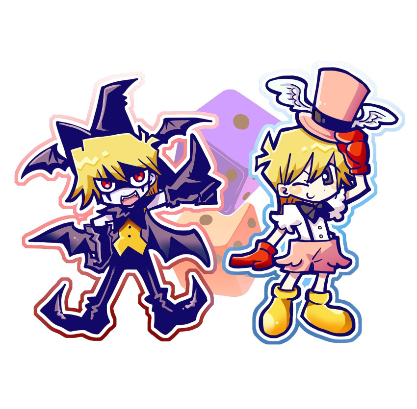 1boy adjusting_clothes adjusting_headwear alternate_costume alternate_eye_color bat_wings black_bow black_bowtie black_footwear black_gloves black_wings blonde_hair blouse bow bowtie brown_eyes chibi cosplay dice duel_monster fangs full_body gloves graceful_dice graceful_dice_(cosplay) hair_between_eyes hat head_wings highres holding jounouchi_katsuya male_focus multiple_views mxx33 one_eye_closed open_mouth pants pink_shorts pointy_footwear red_eyes red_gloves shirt short_hair shorts simple_background skull_dice skull_dice_(cosplay) smile top_hat vest wings witch_hat yellow_footwear yellow_vest yu-gi-oh! yu-gi-oh!_duel_monsters