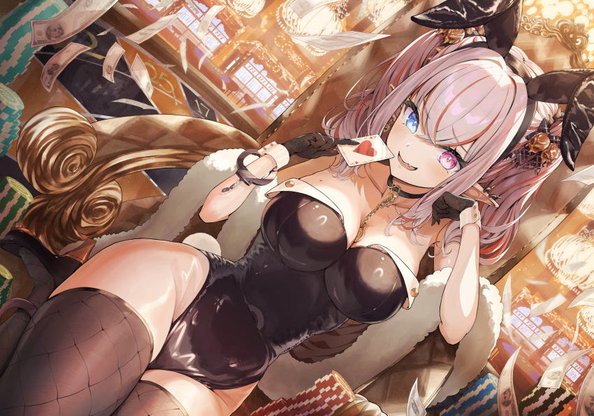 1girl animal_ears atatatatame01 banknote between_breasts black_choker black_gloves black_leotard black_thighhighs blue_eyes breasts card casino choker cleavage collarbone covered_navel fishnet_thighhighs fishnets gloves hair_ornament highres holding holding_card indoors leotard looking_at_viewer money open_mouth original pink_eyes pink_hair playboy_bunny pointy_ears poker_chip rabbit_ears sitting skull_hair_ornament slot_machine smile solo thighhighs thighs twintails wrist_cuffs