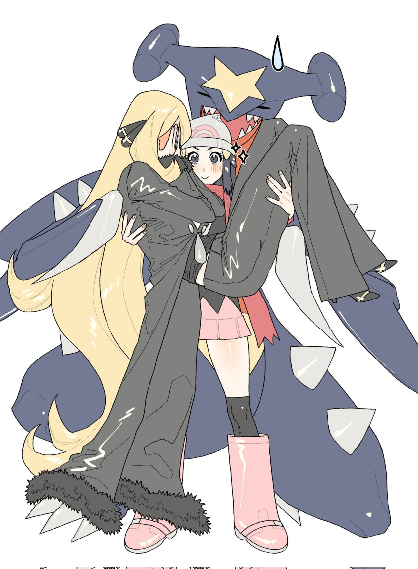 2girls akushitsu_ningen beanie blonde_hair blush boots claws closed_mouth coat cynthia_(pokemon) dawn_(pokemon) fur_trim garchomp hair_ornament hairclip hat highres holding long_hair long_sleeves multiple_girls pants pink_footwear pink_skirt poke_ball_print pokemon pokemon_(creature) pokemon_dppt pokemon_platinum red_scarf scarf sharp_teeth skirt smile spikes teeth white_background