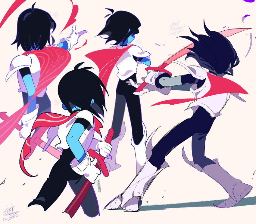 1other armor black_bodysuit black_hair blue_skin bodysuit boots colored_skin cropped_legs crossed_arms deltarune from_behind gloves highres holding holding_sword holding_weapon kris_(deltarune) multiple_views pointing red_scarf scarf senjochi_janai signature simple_background sword weapon white_footwear white_gloves