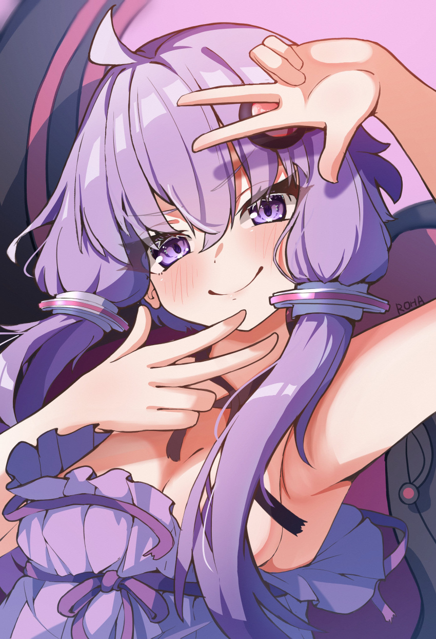 1girl absurdres armpit_peek artist_name blush breasts cleavage dress hair_ornament hand_on_own_chin highres looking_at_viewer purple_dress purple_eyes purple_hair purple_ribbon ribbon roha_kmks salute short_hair_with_long_locks sideboob small_breasts smile smug solo two-finger_salute vocaloid voiceroid yuzuki_yukari