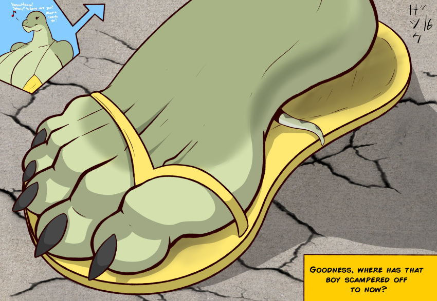 2016 5_toes anthro big_breasts big_feet bikini black_claws breasts claws cleavage clothed clothing cutaway dialogue digital_media_(artwork) duo english_text eyelashes feet female flip_flops foot_focus footwear green_skin huge_breasts humanoid_feet jonathan_stalizburg larger_female male margret_stalizburg mature_female micro mother mother_and_child mother_and_son musical_note nipple_bulge non-mammal_breasts parent parent_and_child parent_and_son python reptile sandals scalie size_difference smaller_male snake son stomping swimsuit text toe_claws toes trampling zp92