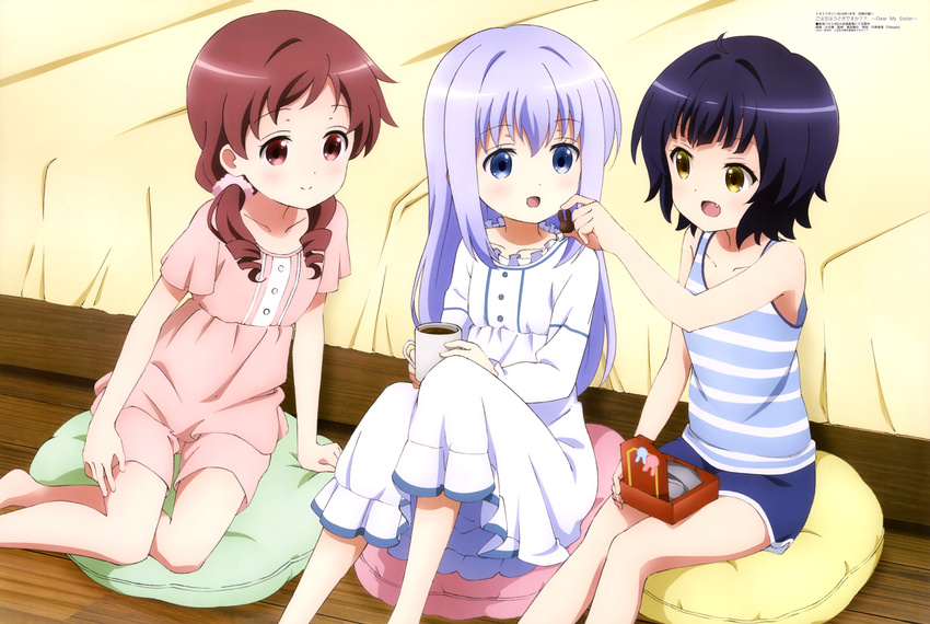 :d absurdres black_hair blue_eyes blue_hair chimame-tai coffee coffee_mug cookie cup cushion fang feeding food gochuumon_wa_usagi_desu_ka? highres jouga_maya kafuu_chino megami mug multiple_girls natsu_megumi official_art ogawa_akane open_mouth pajamas red_eyes red_hair scrunchie short_hair shorts sitting smile tank_top yellow_eyes