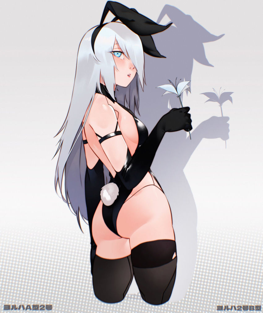 1girl a2_(nier:automata) animal_ears ass bare_shoulders black_gloves black_leotard black_thighhighs breasts cesar_art456 commentary commission cropped_legs elbow_gloves fake_animal_ears fake_tail flower gloves gradient_background grey_background grey_hair highres holding holding_flower leotard nier:automata nier_(series) playboy_bunny procreate_(medium) rabbit_ears rabbit_tail small_breasts solo tail teeth thighhighs