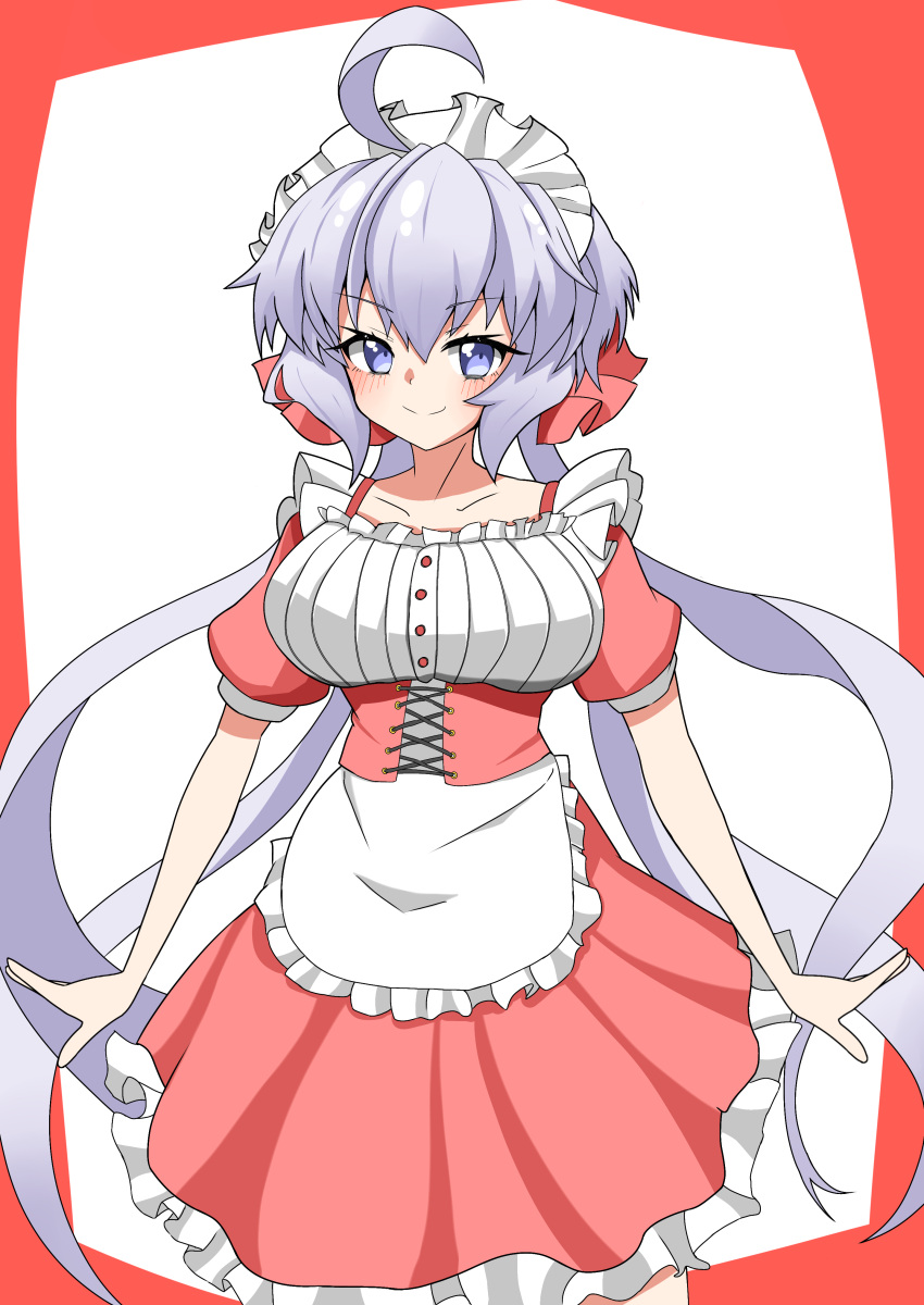 1girl 9ma_(9matohibari) absurdres ahoge apron blue_eyes blush breasts closed_mouth corset dress eyebrows_hidden_by_hair feet_out_of_frame frilled_dress frills hair_between_eyes hair_ribbon highres large_breasts long_bangs long_hair looking_at_viewer maid maid_apron maid_headdress red_corset red_dress red_ribbon ribbon senki_zesshou_symphogear simple_background smile solo very_long_hair white_apron white_hair white_headdress yukine_chris