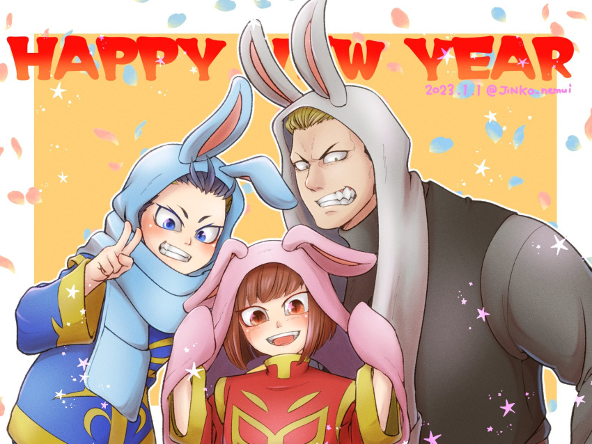 3boys animal_ears animal_hood blue_eyes bowl_cut chinese_clothes colored_tips fatal_fury happy_new_year highres hood jin_chonrei jin_chonshu jinko_nemui multicolored_hair multiple_boys rabbit_ears red_eyes slit_pupils yamazaki_ryuuji