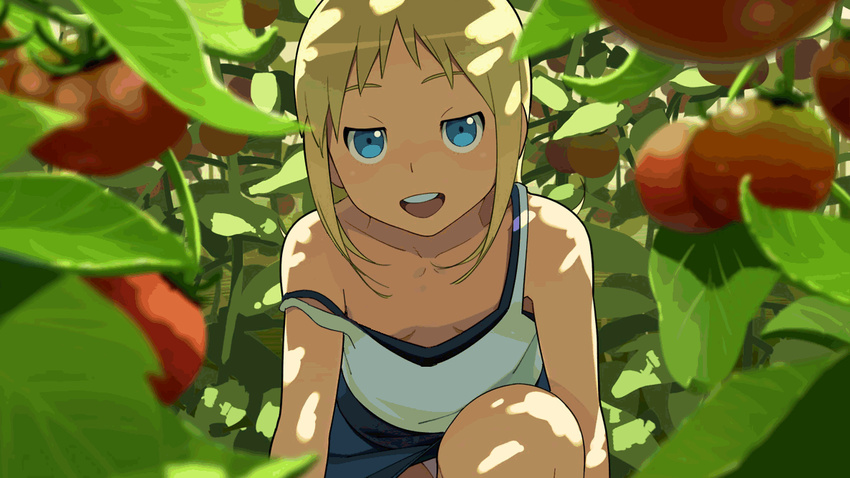 :d ana_coppola animated animated_gif arms_at_sides bangs bare_shoulders blonde_hair blue_eyes blue_skirt breasts breasts_apart breathing camisole child collarbone cowboy_shot dappled_sunlight day flat_chest food go_robots ichigo_mashimaro jitome leaf looking_at_viewer miniskirt one_knee open_mouth outdoors panties pantyshot pantyshot_(one_knee) pink_panties plant round_teeth shade short_hair sidelocks skirt sleeveless small_breasts smile solo spaghetti_strap strap_slip sunlight teeth tomato underwear upper_teeth vegetable