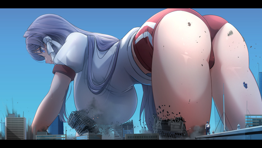 1boy 1girl absurdres all_fours ass blue_eyes blue_sky breasts building buruma city clannad destruction fujibayashi_kyou giant giantess gym_uniform hair_tie hanging_breasts highres huge_breasts letterboxed long_hair looking_down natsukaze_shigure outdoors purple_hair red_buruma sky skyscraper smile