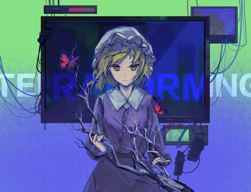 1girl blonde_hair branch breasts closed_mouth collared_shirt cowboy_shot english_text hat highres holding holding_branch hongshao_tofu jacket long_sleeves maribel_hearn mob_cap monitor purple_jacket purple_skirt shirt short_hair skirt small_breasts solo touhou v-shaped_eyebrows white_headwear white_shirt yellow_eyes