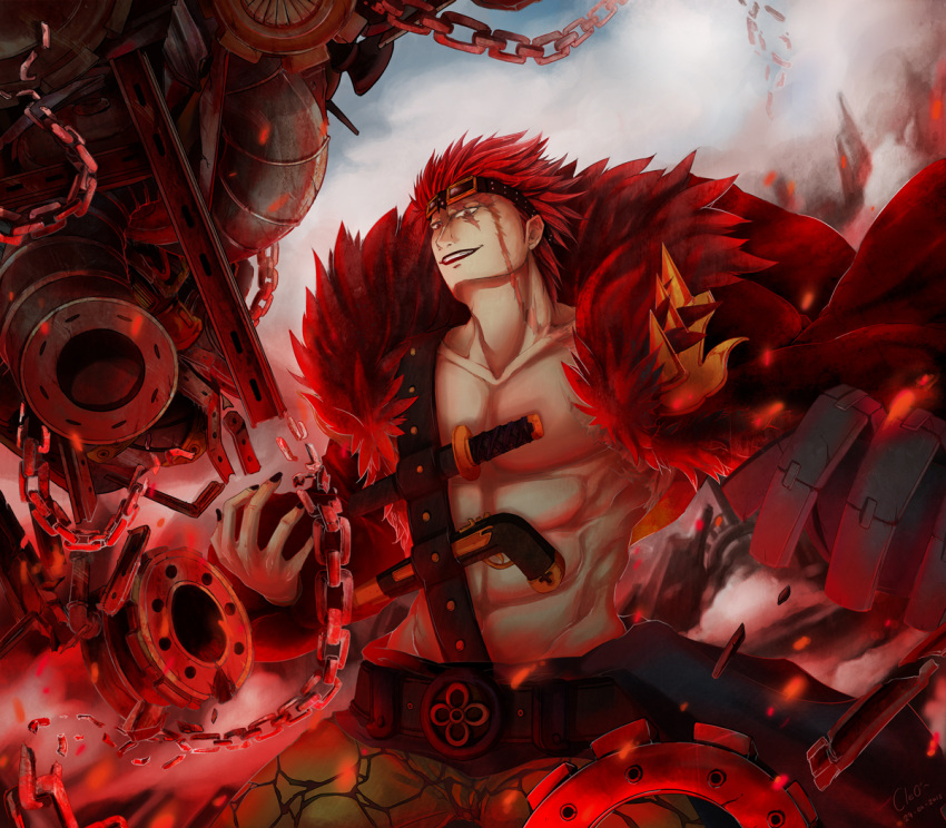 1boy abs black_nails chain coat collarbone commentary english_commentary eustass_kid fur_coat goggles goggles_on_head looking_at_viewer male_focus mechanical_arms nail_polish one_piece red_hair scar scar_across_eye scar_on_face short_hair single_mechanical_arm smile solo teeth youkokurama1