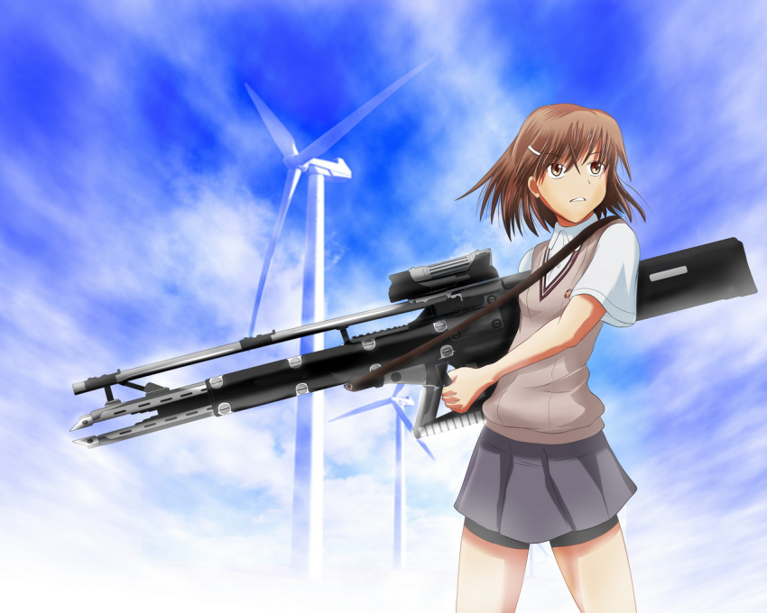 1girl bare_arms blue_sky brown_sweater brown_sweater_vest brown_vest cloud cloudy_sky collared_shirt commentary day emblem feet_out_of_frame grey_skirt gun hadant hair_between_eyes hair_ornament hairclip holding holding_gun holding_weapon medium_hair miniskirt misaka_mikoto outdoors pleated_skirt railgun school_emblem school_uniform science_fiction shirt short_sleeves skirt sky sleeveless sleeveless_sweater solo summer_uniform sweater sweater_vest teeth toaru_kagaku_no_railgun toaru_majutsu_no_index tokiwadai_school_uniform vest weapon white_shirt wind_turbine