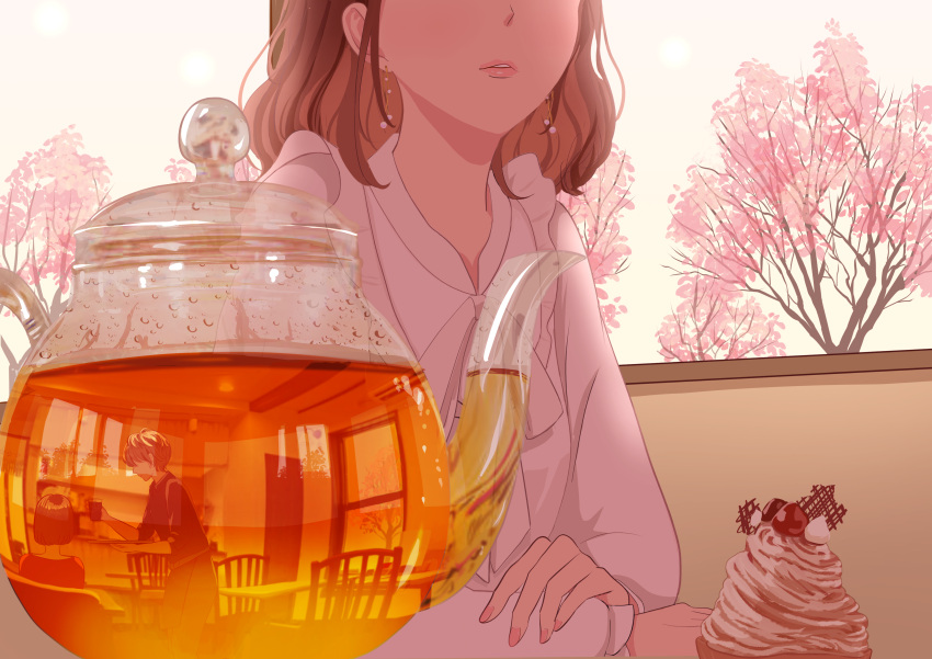 1boy 1girl absurdres brown_hair cherry_blossoms dessert earrings food glass_teapot highres indoors jewelry mont_blanc_(food) nap_on_a_cloud original pastry reflection shirt tea teapot waiter white_shirt window