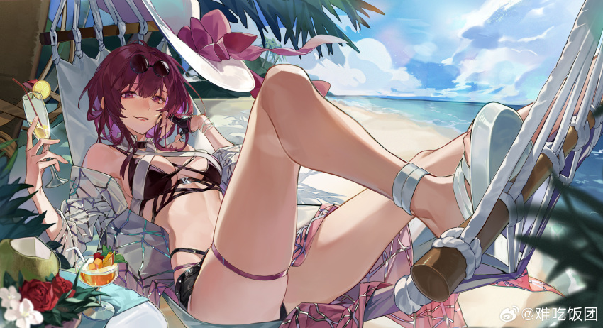 1girl absurdres bare_legs beach bikini black_bikini breasts cup day eyewear_on_head fingerless_gloves gloves hammock hat highres holding holding_cup honkai:_star_rail honkai_(series) kafka_(honkai:_star_rail) looking_at_viewer lying medium_breasts nachi_fantuan on_back outdoors parted_lips red_eyes single_fingerless_glove smile solo sunglasses swimsuit thigh_strap tropical_drink unworn_hat unworn_headwear weibo_username white_footwear