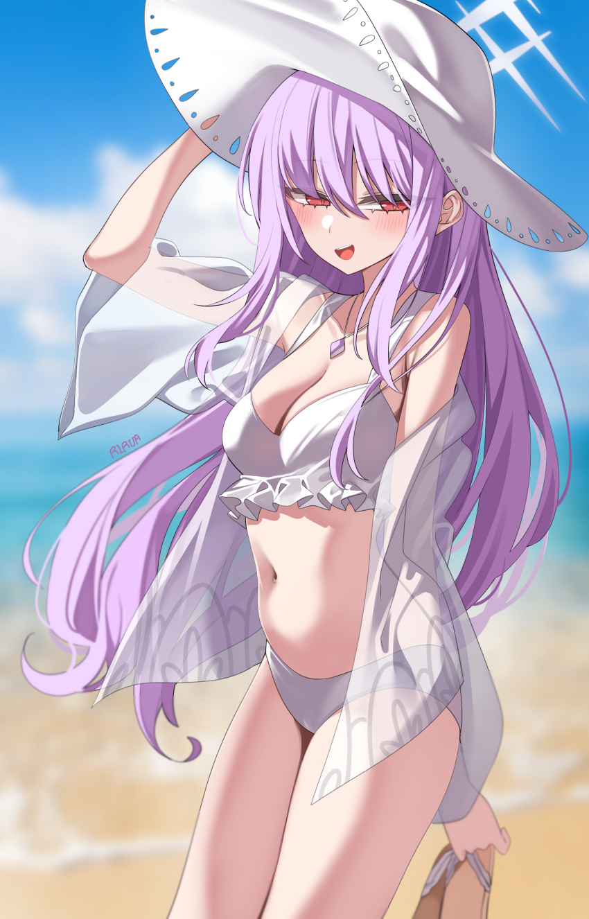 1girl absurdres atsuko_(blue_archive) atsuko_(swimsuit)_(blue_archive) beach bikini blue_archive breasts cleavage collarbone cowboy_shot day frilled_bikini frills grey_halo halo hat highres jacket jewelry lira long_hair medium_breasts navel ocean official_alternate_costume open_clothes open_jacket outdoors pendant purple_hair red_eyes see-through see-through_jacket see-through_sleeves signature solo swimsuit white_bikini white_headwear white_jacket