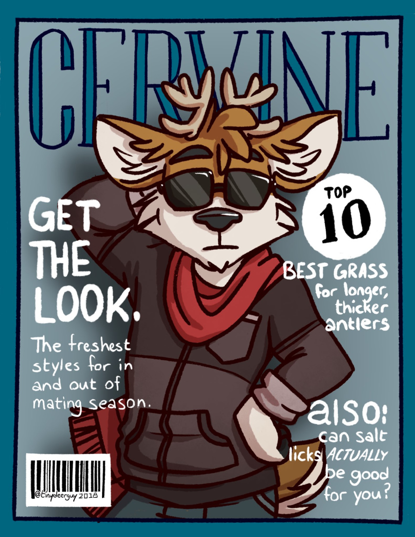 2018 barcode cervid cover darwin_(tinydeerguy) english_text eyewear magazine_cover male mammal pose solo sunglasses text tinydeerguy year