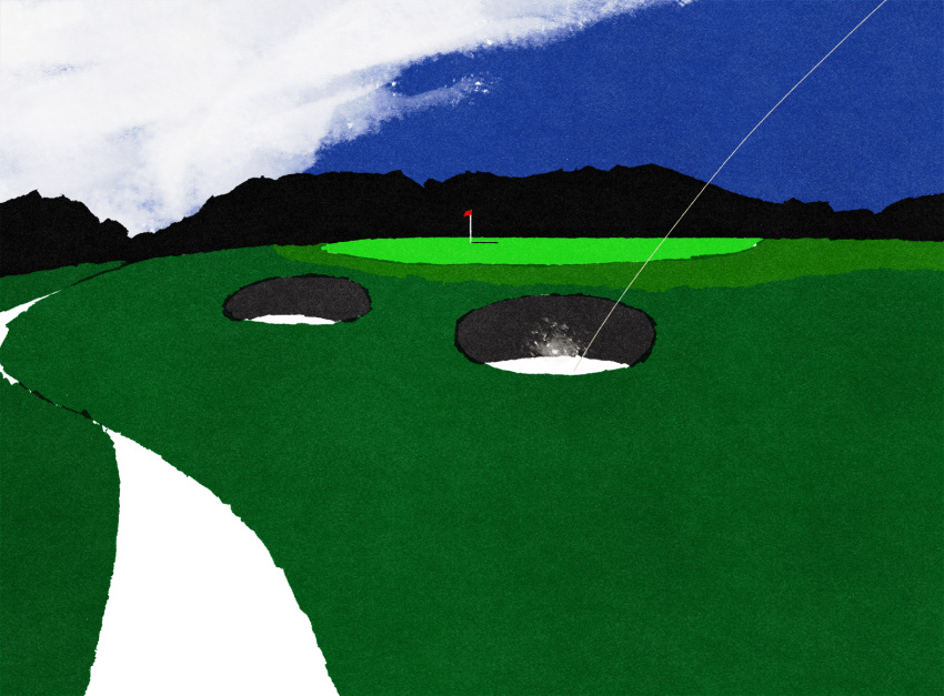 ball blue_sky cloud day golf golf_ball golf_course hole iida_kento no_humans original outdoors scenery sky