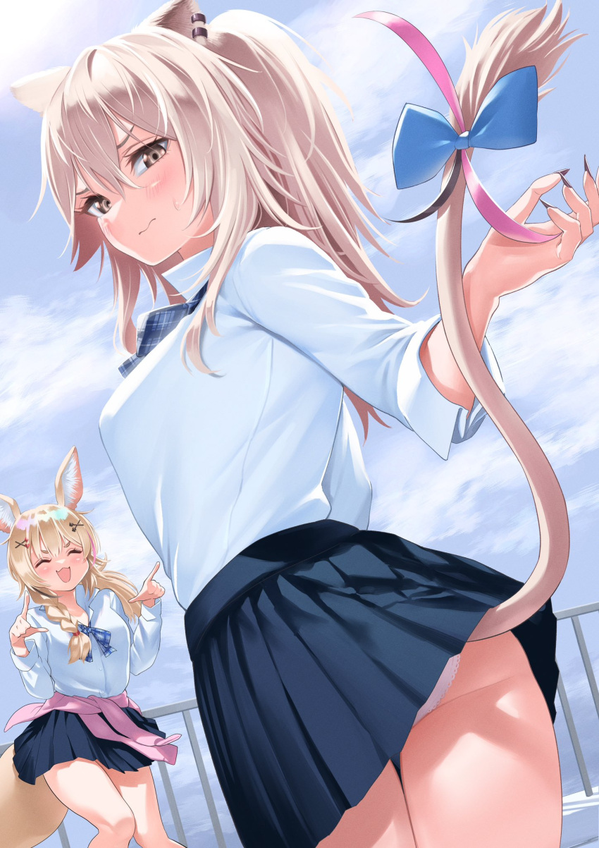 2girls :d animal_ear_fluff animal_ear_piercing animal_ears black_nails blonde_hair blush bow closed_mouth day fingernails fox_ears fox_tail highres hololive izumida_fuyuki lifted_by_another lion_ears lion_tail long_sleeves looking_back multiple_girls omaru_polka outdoors panties panty_peek pleated_skirt school_uniform sharp_fingernails shirt shishiro_botan skirt smile standing tail tail_bow tail_ornament underwear white_hair white_shirt