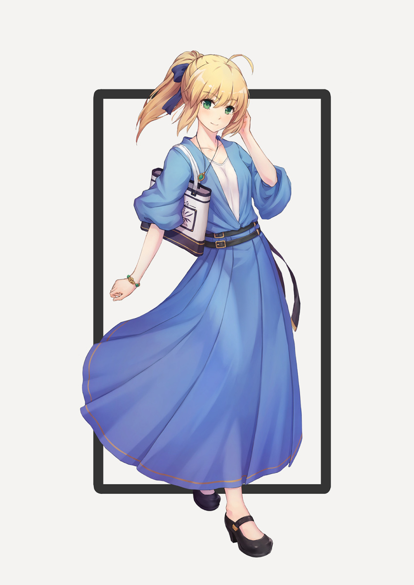 1girl ahoge alternate_costume artoria_pendragon_(all) bag bangs belt black_footwear blonde_hair blue_dress blue_ribbon bracelet casual closed_mouth collarbone commentary_request dress eyebrows_visible_through_hair fate/stay_night fate_(series) frame full_body green_eyes hair_ribbon hand_up head_tilt high_heels highres hoodier jewelry long_dress necklace ponytail puffy_short_sleeves puffy_sleeves ribbon saber shirt short_sleeves shoulder_bag sidelocks smile solo standing white_background white_shirt