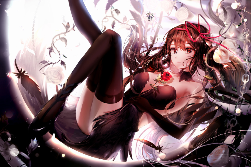 akemi_homura akuma_homura armpits bare_shoulders black_dress black_gloves black_hair bow breasts choker danyagoe dress elbow_gloves feathered_wings feathers floating flower full_moon gloves hair_bow hair_ribbon hairband highres holding holding_flower leg_up long_hair looking_at_viewer magical_girl mahou_shoujo_madoka_magica medium_breasts moon pantyhose purple_eyes red_flower red_rose ribbon rose smile solo thighhighs wings