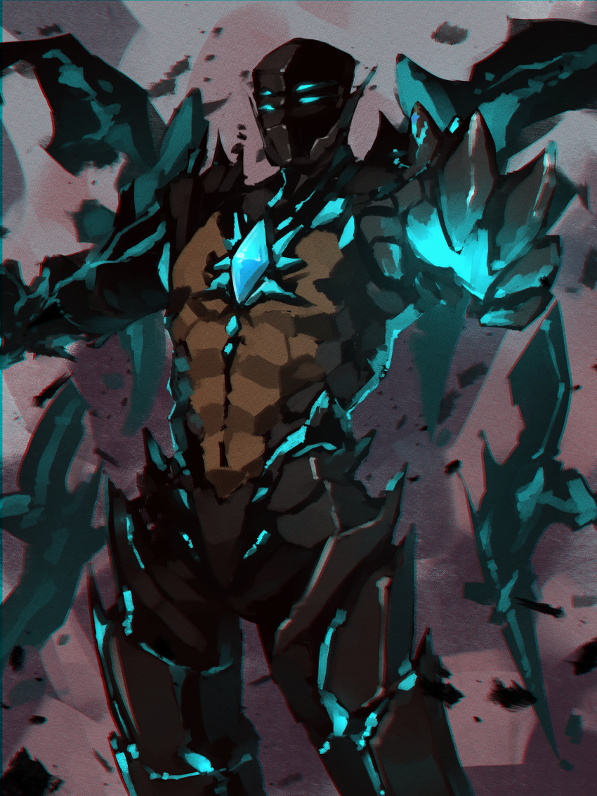 1boy armor black_armor chest_jewel commentary counter:side cowboy_shot full_armor glowing glowing_armor glowing_eyes highres male_focus outdoors replacer_king solo standing zanlyu