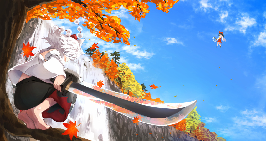 2girls absurdres animal_ears autumn_leaves barefoot black_hair black_skirt blue_sky cloud commentary detached_sleeves god_g4mes gohei hakurei_reimu hat highres holding holding_sword holding_weapon inubashiri_momiji leaf maple_leaf multiple_girls outdoors red_headwear red_skirt short_hair skirt sky soles solo_focus squatting sword tokin_hat touhou tree two-tone_skirt water waterfall weapon white_hair wide_sleeves wolf_ears wolf_girl