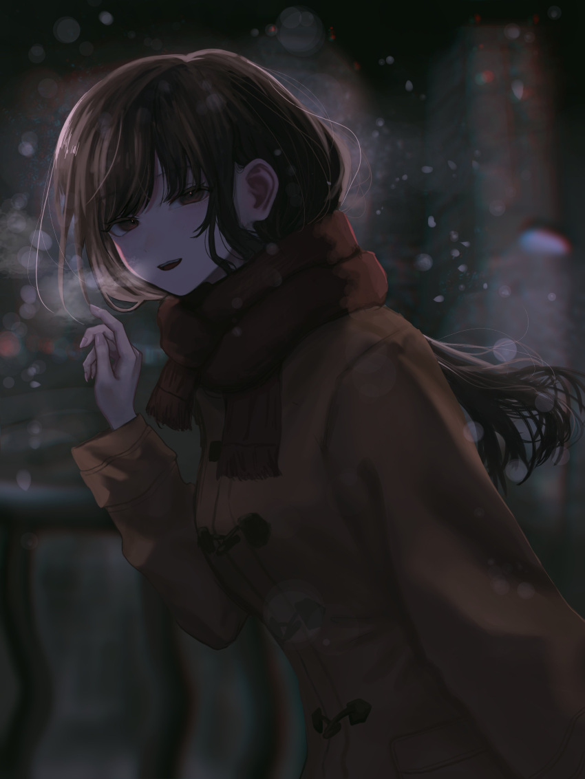 1girl :d absurdres arm_at_side blush breath brown_coat brown_hair building coat dark dot_nose from_side hand_up highres kyano_(kyanora3141) leaning_forward long_bangs long_hair long_sleeves looking_at_viewer night open_mouth original outdoors railing red_scarf scarf sidelocks skyscraper smile snowing solo straight_hair teeth upper_body upper_teeth_only