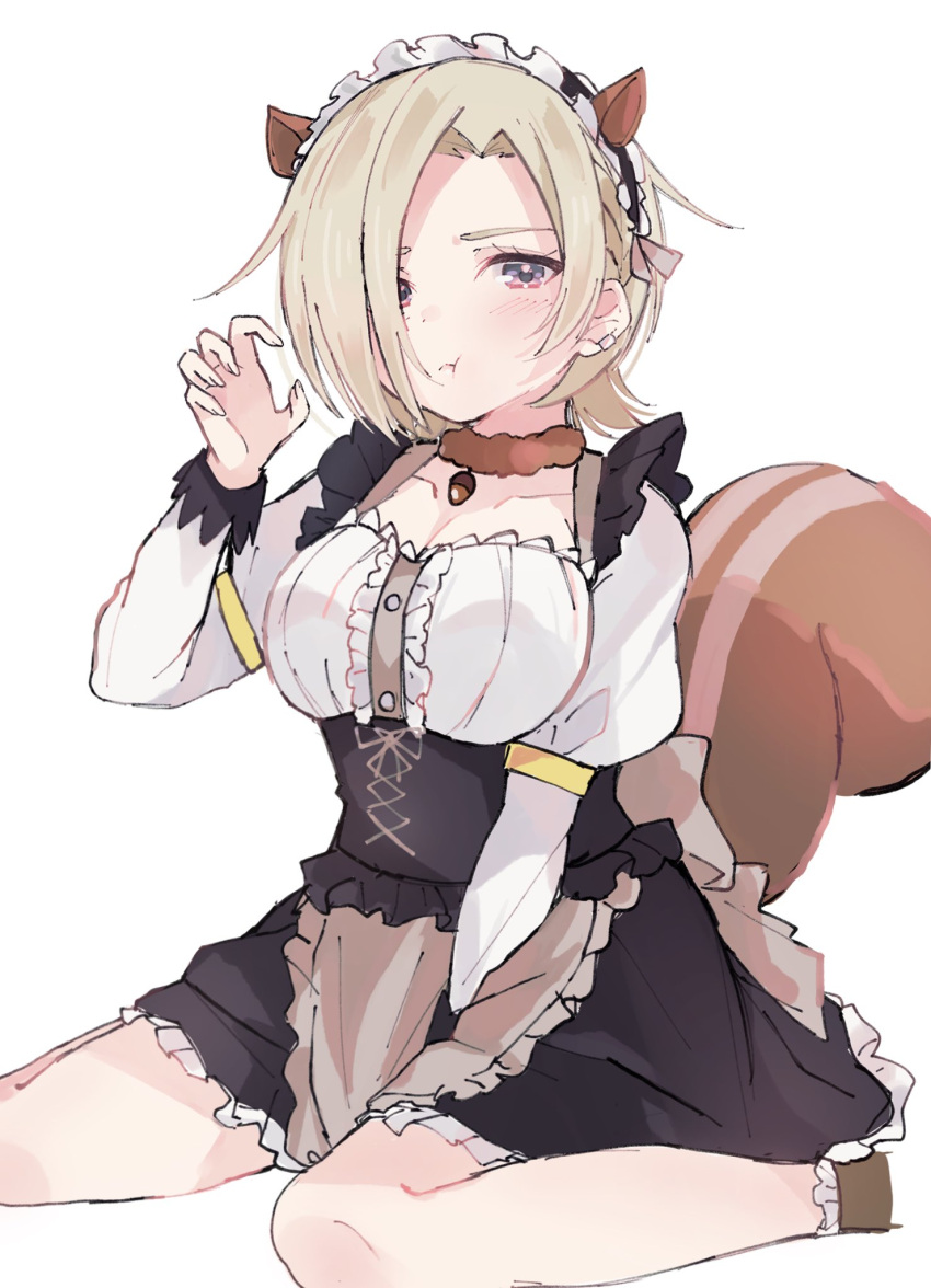 1girl :t animal_ears black_corset blonde_hair blush breasts brown_choker choker claw_pose cleavage collarbone commentary_request corset ear_piercing hair_over_one_eye highres long_sleeves looking_at_viewer love_live! love_live!_nijigasaki_high_school_idol_club maid_headdress mia_taylor notyu_maru piercing pout puffy_long_sleeves puffy_sleeves purple_eyes shirt short_hair sitting solo squirrel_ears squirrel_tail tail upper_body wariza white_background white_shirt