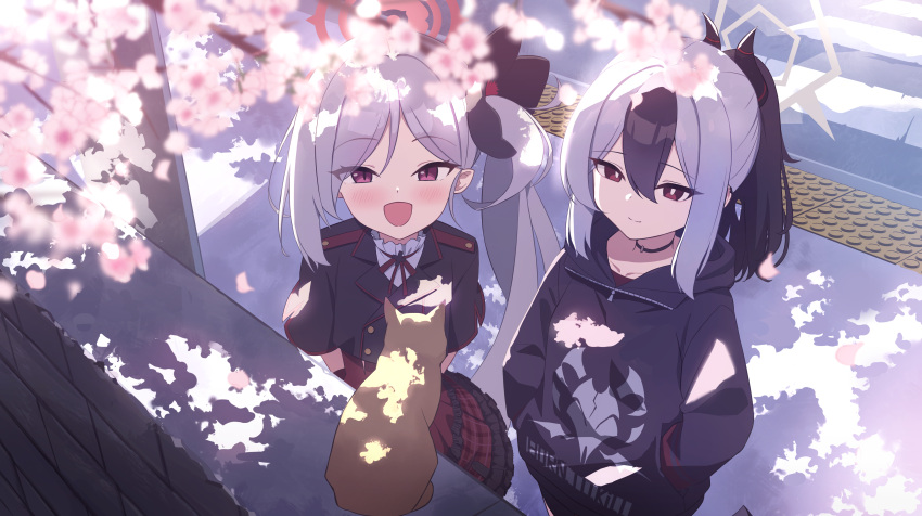 2girls absurdres animal black_hair black_jacket black_scrunchie blue_archive blush cat cherry_blossoms closed_mouth day grey_hair grey_halo hair_between_eyes hair_ornament hair_scrunchie halo highres hood hood_down hooded_jacket jacket kayoko_(blue_archive) long_hair long_sleeves multicolored_hair multiple_girls mutsuki_(blue_archive) open_mouth outdoors ponytail rahy red_eyes red_halo red_skirt scrunchie short_sleeves side_ponytail skirt smile