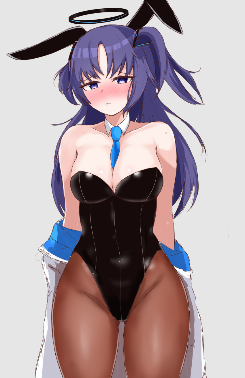 1girl animal_ears ass_visible_through_thighs bangs bare_shoulders between_breasts black_leotard blue_archive blue_necktie blush breasts brown_legwear cleavage closed_mouth collarbone covered_navel cowboy_shot detached_collar fake_animal_ears frown halo highleg highleg_leotard highres large_breasts legs_apart leotard long_hair necktie nose_blush off_shoulder pantyhose parted_bangs playboy_bunny purple_eyes purple_hair short_twintails solo split_mouth strapless strapless_leotard striped thighs twintails vertical_stripes yatsuki_o yuuka_(blue_archive)