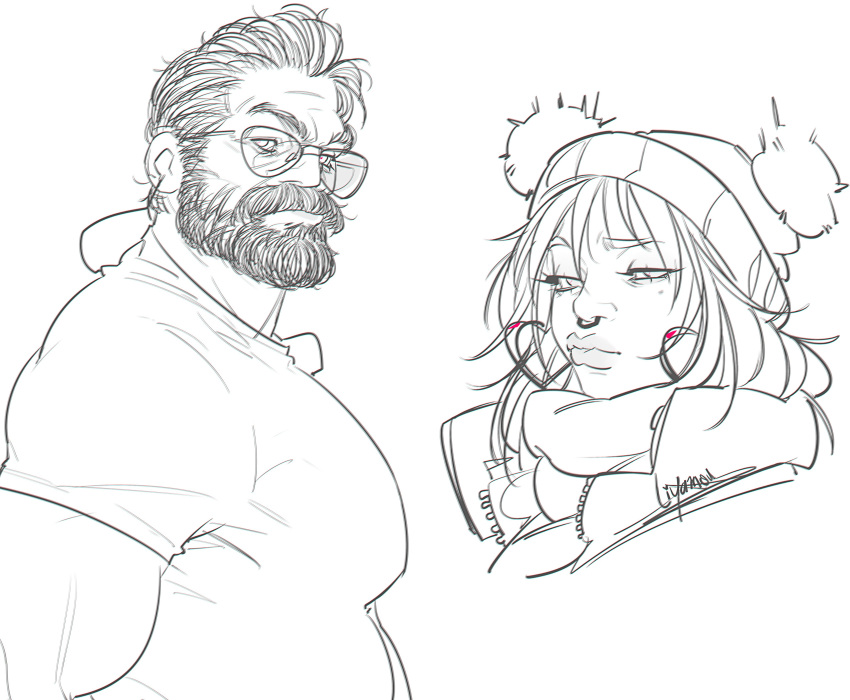 1boy 1girl absurdres bara beard character_request facial_hair from_side full_beard glasses greyscale highres large_pectorals liyamou looking_at_viewer mature_male metal_gear_(series) metal_gear_solid_v:_the_phantom_pain monochrome muscular muscular_male pectorals shirt sketch t-shirt thick_beard thick_eyebrows upper_body wrinkled_skin