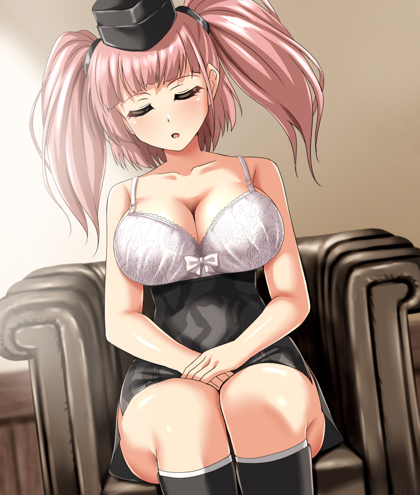 1girl absurdres atlanta_(kancolle) bow bow_bra bra breasts cleavage collarbone commission couch cross-laced_bra dutch_angle high-waist_skirt highres kantai_collection large_breasts on_couch open_mouth pixiv_commission skirt sleeping solo topless two_side_up underwear white_bra zanntetu