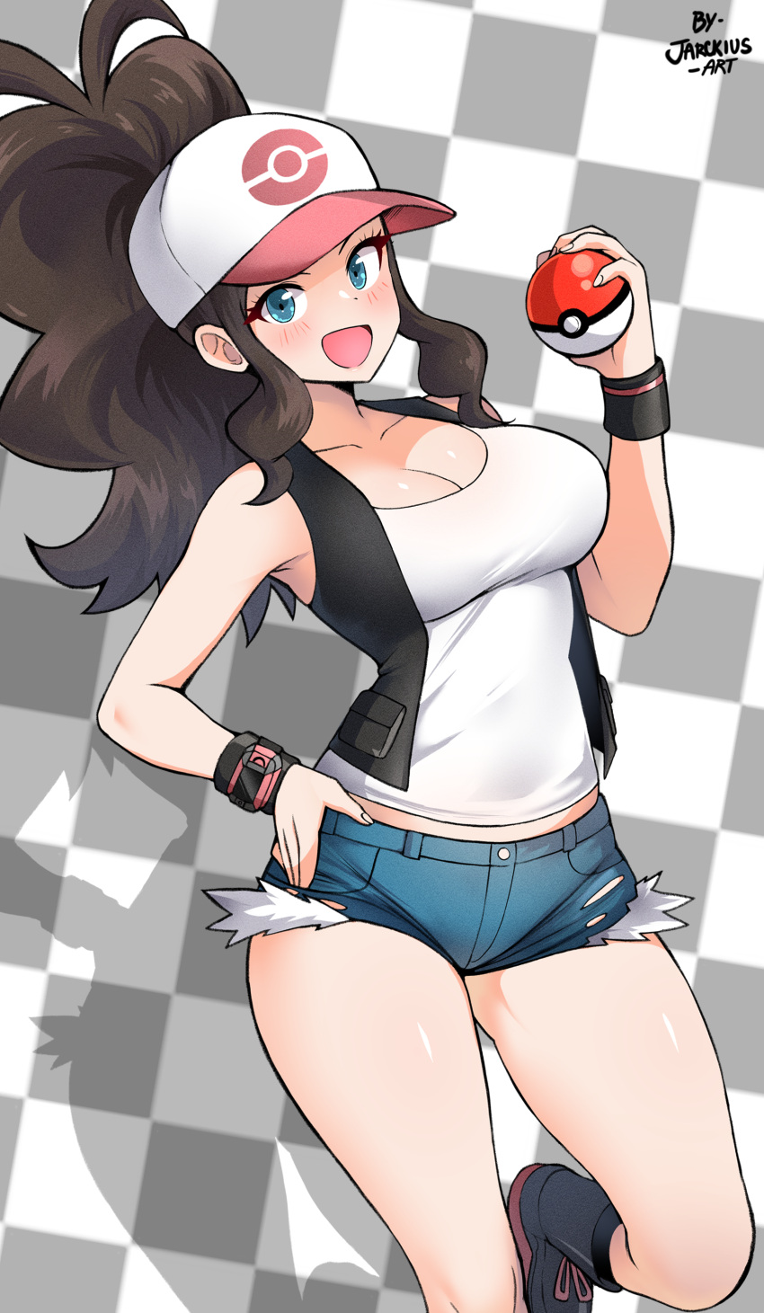 1girl :d absurdres bare_legs baseball_cap black_vest black_wristband blue_eyes blush breasts brown_hair checkered_background cleavage denim denim_shorts drop_shadow exposed_pocket hand_on_own_hip hat highres hilda_(pokemon) holding holding_poke_ball jarckius large_breasts looking_at_viewer poke_ball poke_ball_(basic) poke_ball_print pokemon pokemon_bw ponytail shirt short_shorts shorts sidelocks signature smile solo vest white_shirt wristband xtransceiver