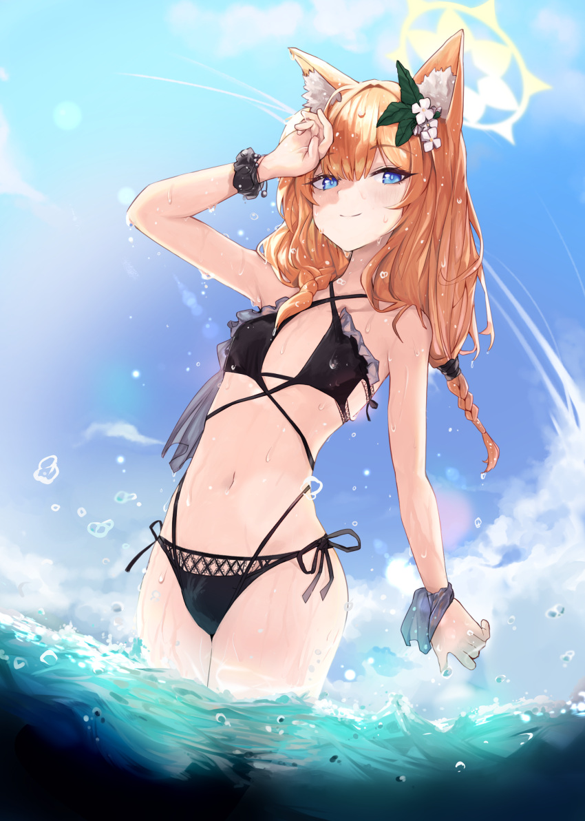 1girl absurdres animal_ear_fluff animal_ears bare_arms bare_legs bare_shoulders bikini black_bikini blue_archive blue_eyes blush braid cat_ears closed_mouth collarbone cowboy_shot day flat_chest flower hair_flower hair_ornament halo highres lir_(cuhc3357) long_hair looking_at_viewer mari_(blue_archive) ocean orange_hair outdoors smile solo swimsuit twin_braids water water_drop white_flower yellow_halo
