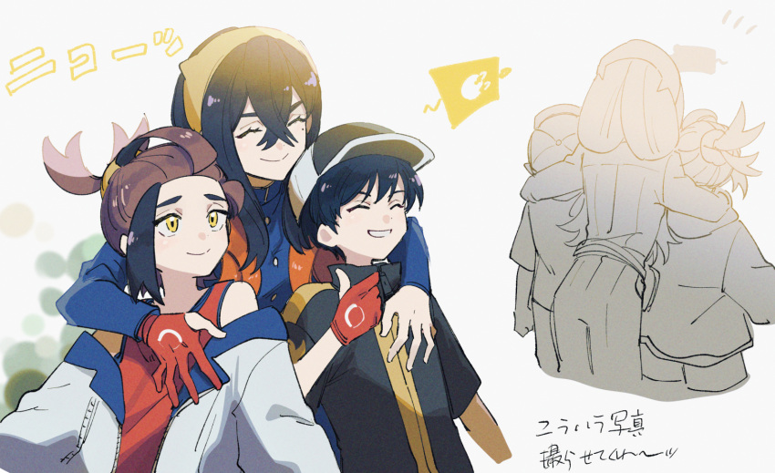 1girl 2boys arms_around_neck black_hair blue_jacket brother_and_sister carmine_(pokemon) closed_eyes colored_inner_hair crossed_bangs eyelashes gloves hair_between_eyes hairband height_difference highres hug hug_from_behind jacket kieran_(pokemon) long_hair long_sleeves mizuirov mole mole_under_eye multicolored_hair multiple_boys open_mouth phone pokemon pokemon_sv red_hair selfie siblings smile taking_picture tall_female thumbs_up two-tone_hair yellow_eyes yellow_hairband