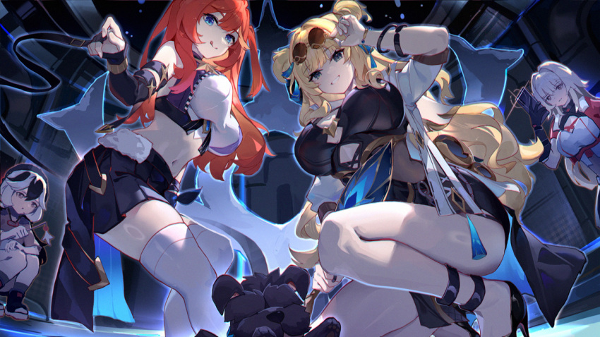 4girls :q asc11 bare_shoulders black_dress black_hair black_skirt blonde_hair blue_eyes breasts commentary_request coralie_(honkai_impact) crop_top dress elbow_gloves eyewear_on_head feet_out_of_frame gloves grey_eyes helia_(honkai_impact) honkai_(series) honkai_impact_3rd large_breasts long_hair looking_at_viewer midriff multicolored_hair multiple_girls navel orange_hair senadina_(honkai_impact) skirt smile songque_(honkai_impact) stomach sunglasses thighhighs tongue tongue_out two-tone_hair very_long_hair white_hair white_thighhighs zettai_ryouiki