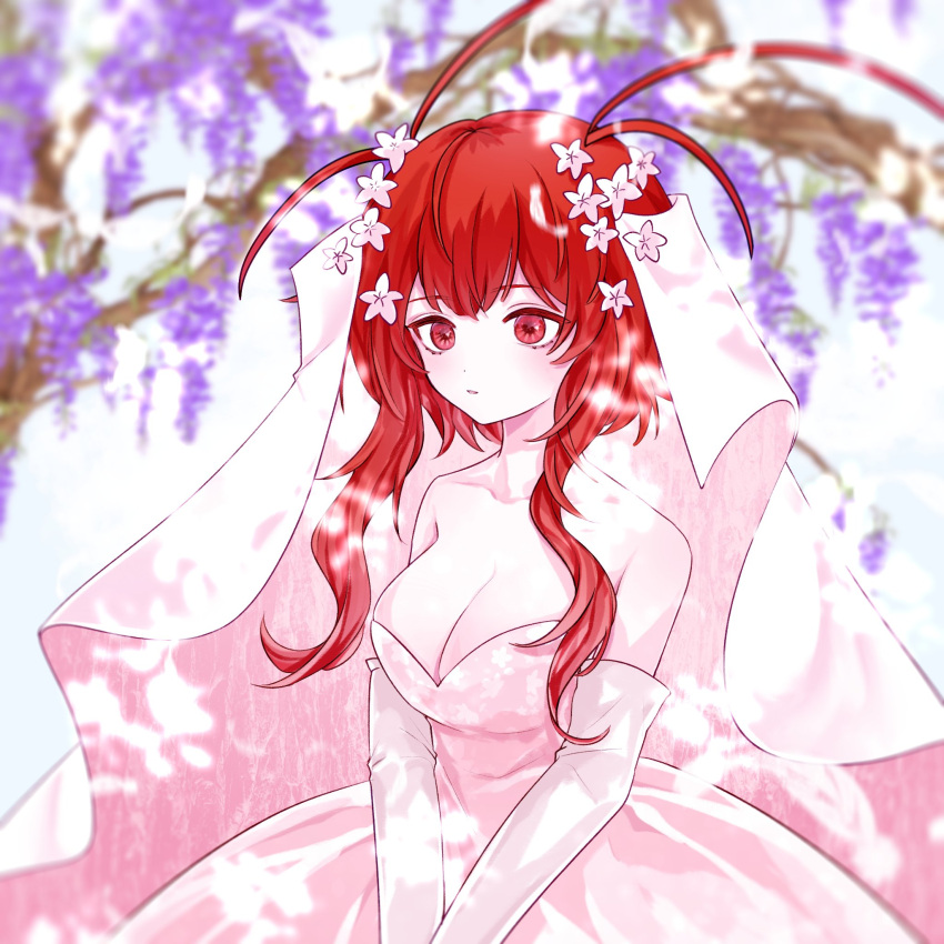 1girl :o alternate_costume antenna_hair bare_shoulders breasts bridal_veil cleavage collarbone colored_skin detached_sleeves dress english_commentary flower funamusea hair_flower hair_ornament highres large_breasts lobco_(wadanohara) lobster_girl long_hair looking_to_the_side oounabara_to_wadanohara open_clothes red_eyes red_hair rrtion sidelocks solo upper_body veil wedding_dress white_skin white_sleeves
