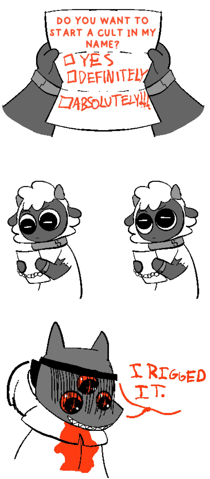 absurd_res ambiguous_gender anthro bovid caprine clothed clothing comic cuff_(restraint) cult_of_the_lamb dialogue domestic_cat duo english_text felid feline felis frown grin handcuffs hi_res holding_object humor lamb_(cult_of_the_lamb) male mammal massive_monster_(studio) metal_cuffs narinder paper parody redraw restraints sheep smile text the_one_who_waits unimpressed vanillabeenflower