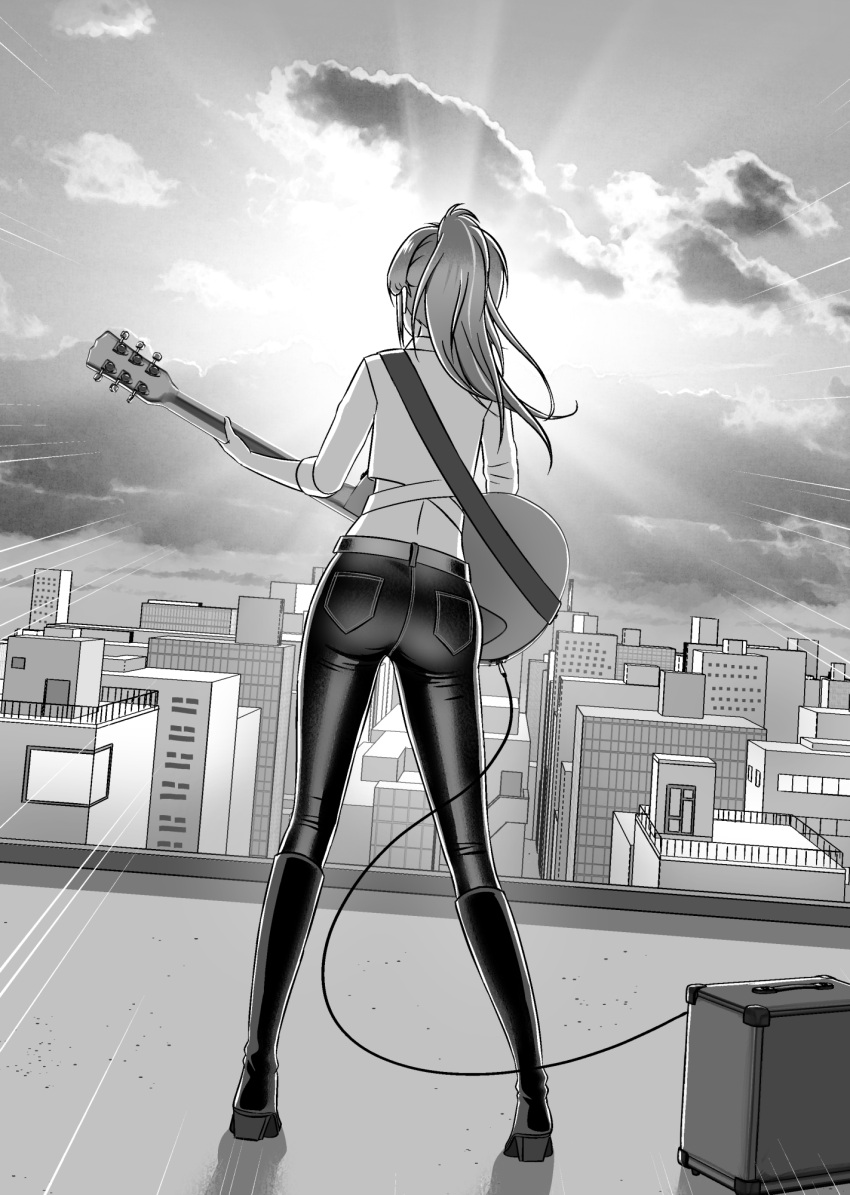1girl amplifier back boots cloud cloudy_sky denim english_commentary facing_away guitar highres instrument jeans knee_boots leo_queval light_rays long_hair midriff monochrome music original pants playing_instrument ponytail rooftop sky sunlight wind