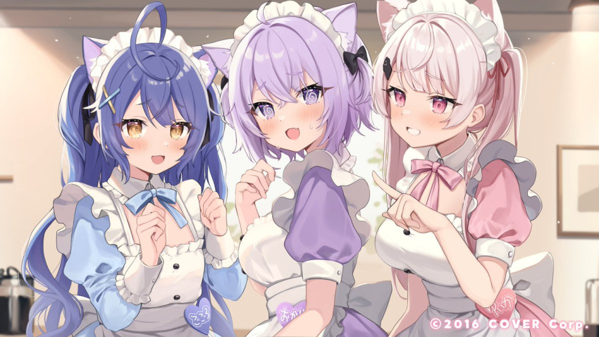 3girls @_@ ahoge alternate_costume amamiya_kokoro animal_ears apron blue_dress blue_hair cat_ears copyright_notice dress enmaided fang hololive long_hair maid maid_apron maid_headdress multiple_girls nekomata_okayu nijisanji official_art okiq pink_dress pink_eyes pink_hair purple_dress purple_eyes purple_hair shiina_yuika skin_fang sweat virtual_youtuber yellow_eyes