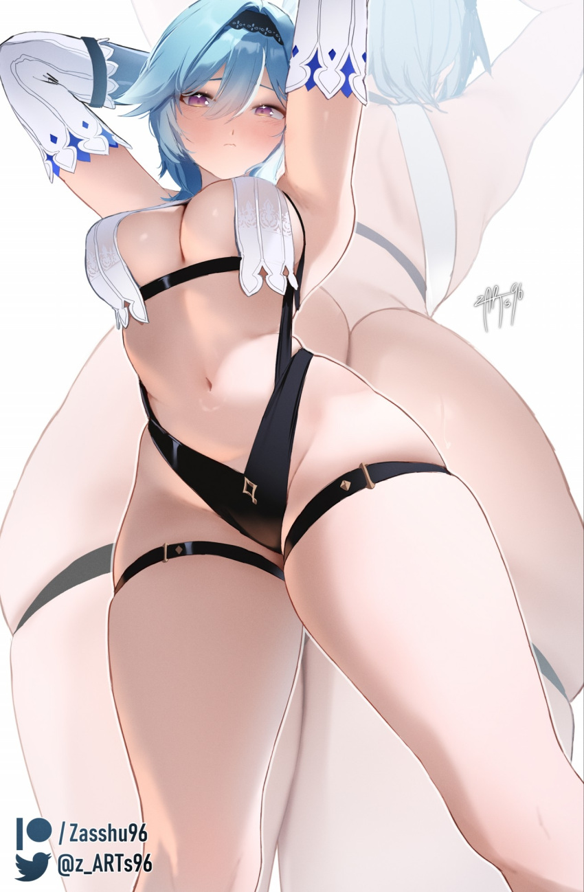 1girl adapted_costume armpits arms_behind_head arms_up ass black_hairband black_headband black_panties blue_hair blush breasts cleavage detached_sleeves eula_(genshin_impact) genshin_impact gloves hair_between_eyes hair_ornament hairband headband highleg highleg_panties highres large_breasts looking_at_viewer medium_hair multicolored_eyes multiple_views navel panties purple_eyes revealing_clothes skindentation solo stomach thick_thighs thigh_strap thighhighs thighs underwear yellow_eyes zasshu