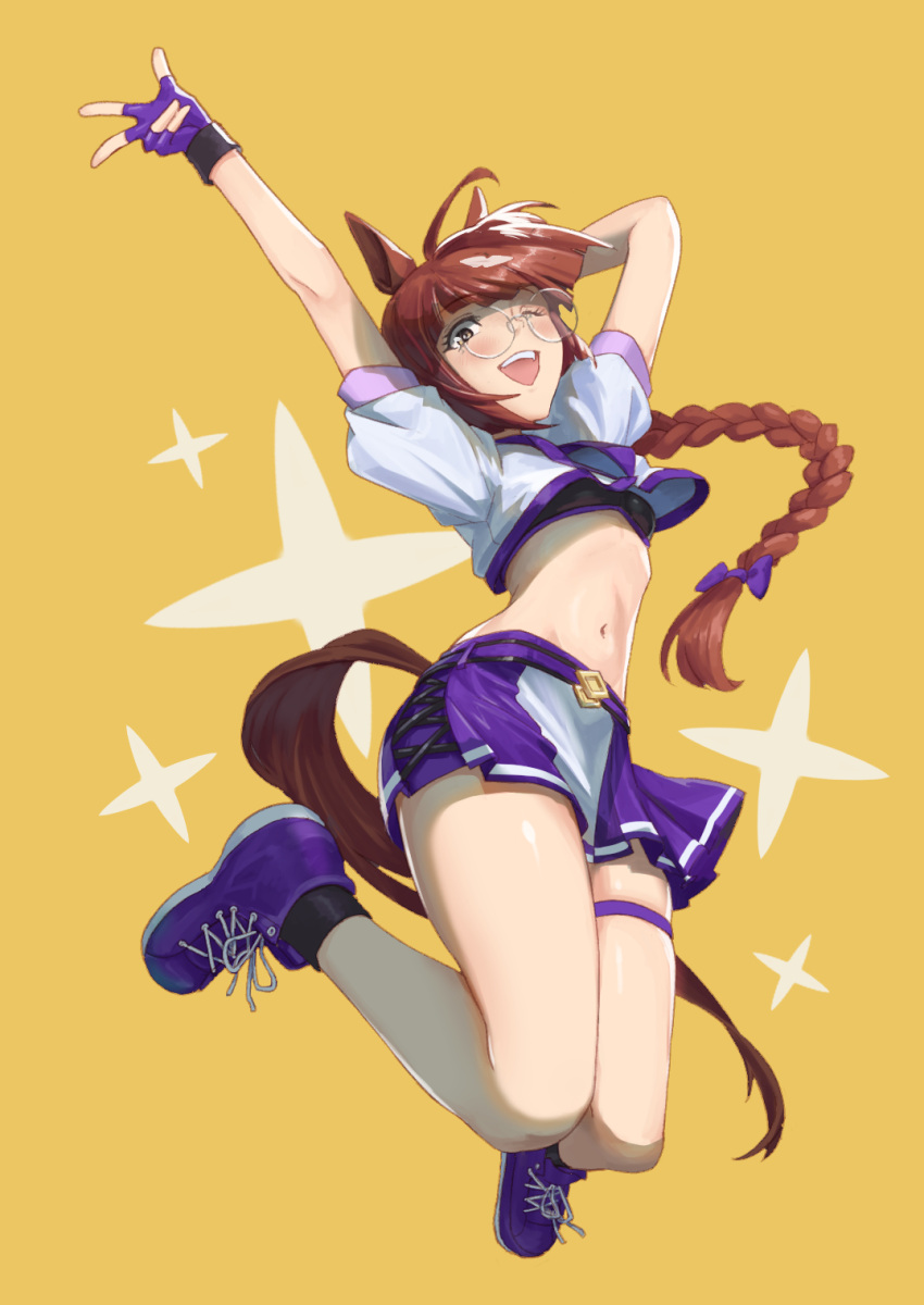 1girl alternate_costume animal_ears arm_behind_head arm_up black_socks blush braid braided_ponytail breasts brown_hair crop_top cropped_jacket fingerless_gloves full_body glasses gloves highres horse_ears horse_girl horse_tail ikuno_dictus_(umamusume) jacket jumping long_hair looking_at_viewer navel one_eye_closed open_clothes open_jacket open_mouth purple_footwear purple_gloves purple_skirt round_eyewear shoes sinnra_art skirt small_breasts smile sneakers socks solo sparkle tail thigh_strap umamusume white_jacket yellow_background yellow_eyes