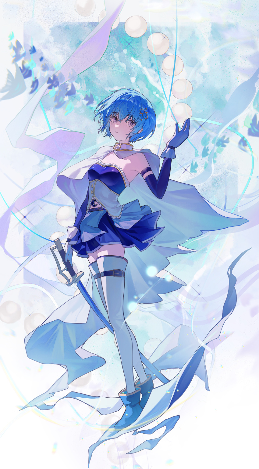 1girl absurdres bare_shoulders blue_eyes blue_footwear blue_hair blue_skirt boots cape detached_sleeves fish fortissimo gloves hair_ornament highres holding holding_sword holding_weapon magical_girl mahou_shoujo_madoka_magica mahou_shoujo_madoka_magica_(anime) miki_sayaka musical_note musical_note_hair_ornament short_hair skirt soul_gem strapless sword thighhighs weapon white_cape white_gloves zutto_(dfvn7377)