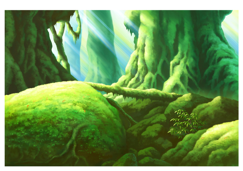 bad_pixiv_id commentary_request day forest green hariken light_rays moss nature no_humans original outdoors plant rock roots scenery sunlight tree
