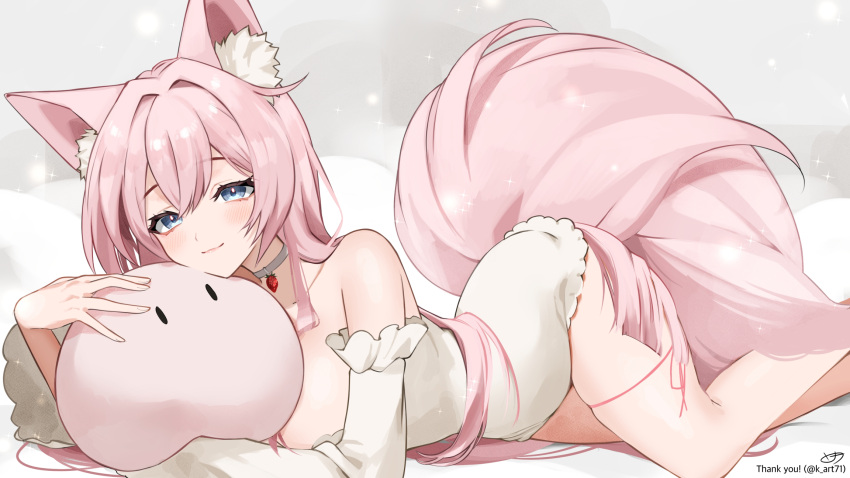 1girl animal_ears bare_shoulders breasts choker closed_mouth collarbone commission detached_sleeves food fox_ears fox_girl fox_tail fruit grey_eyes highres indie_virtual_youtuber k_(art71) long_hair lying mochiimochii_(vtuber) on_stomach pink_hair pink_tail skeb_commission solo sparkle strawberry stuffed_toy tail thank_you twitter_username virtual_youtuber white_choker white_sleeves