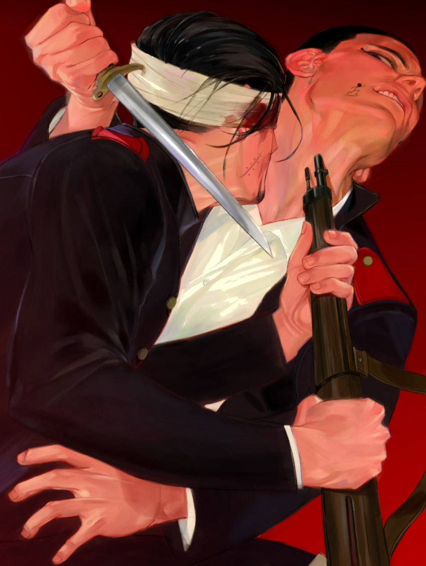 2boys bandaged_head bandages beard_stubble black_eyes black_hair black_jacket black_sleeves black_suit blood blood_on_face buttons character_request clenched_teeth collared_shirt commentary dagger facial_hair fighting fingernails golden_kamuy gradient_background gun gun_to_neck hand_on_another's_hip highres holding holding_dagger holding_gun holding_knife holding_weapon jacket kajibaji knife layered_sleeves long_sleeves looking_at_another male_focus multiple_boys open_clothes open_jacket red_background shirt short_hair shotgun simple_background stubble suit symbol-only_commentary teeth thick_eyebrows upper_body very_short_hair weapon white_shirt yaoi